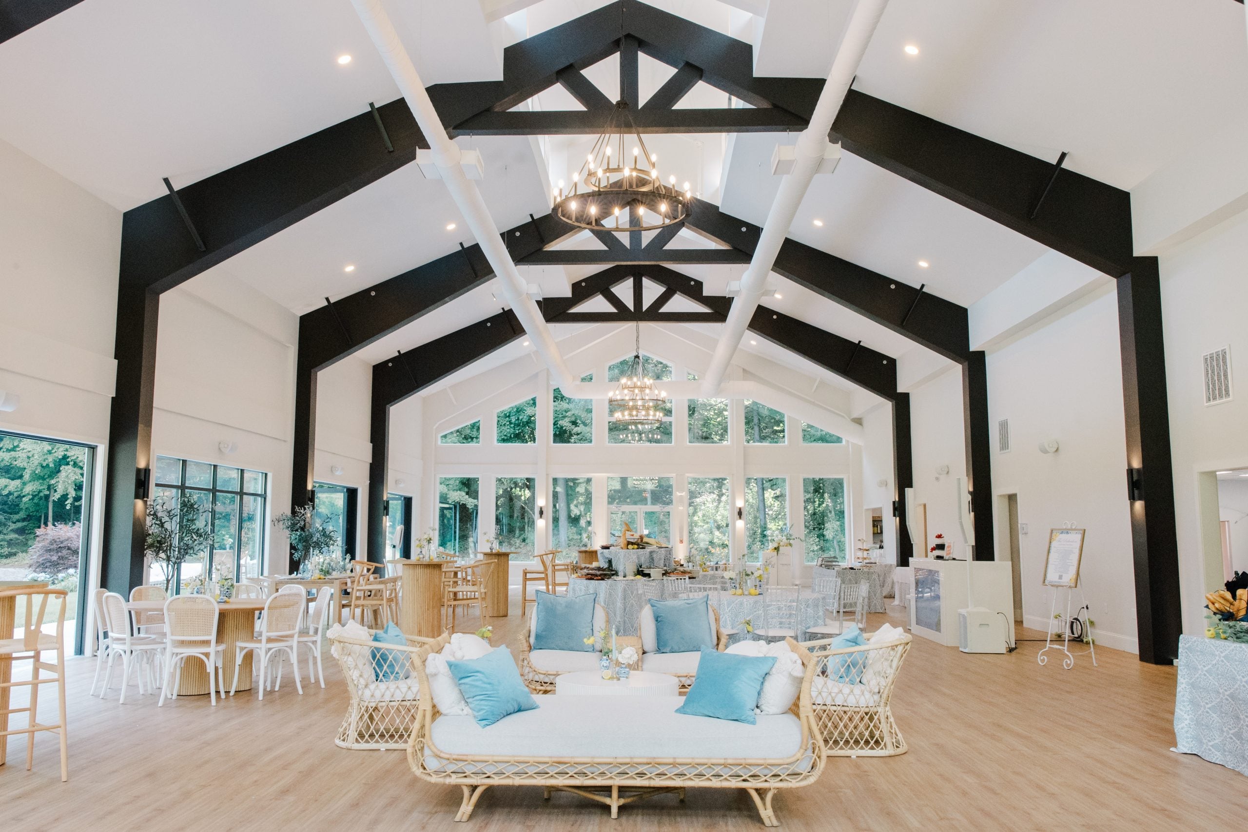 Inside The Belvedere at Lake Pearl Wrentham: column-free ballroom with cathedral ceilings and floor-to-ceiling windows