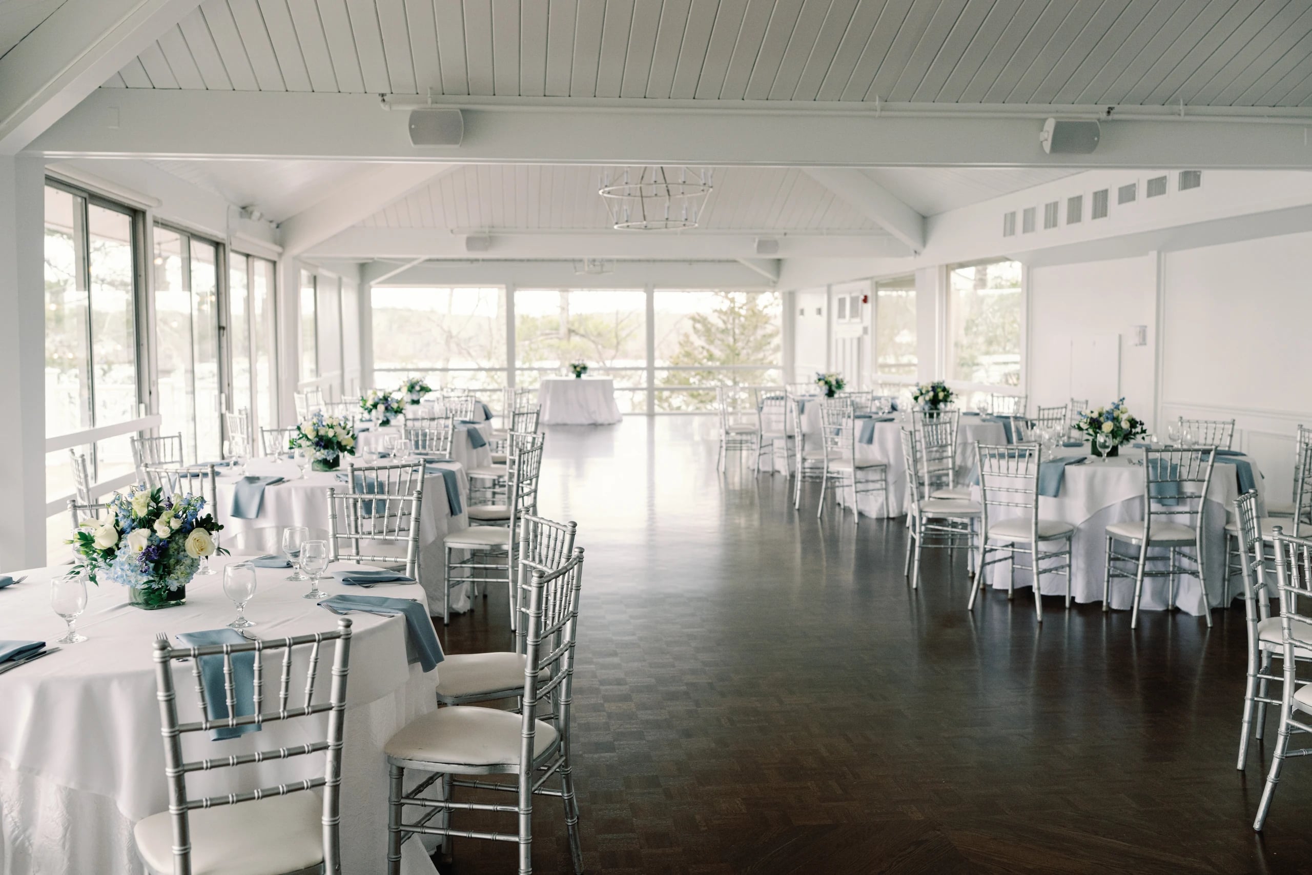 The bright lakeview Tree Top Room at Lake Pearl Wrentham, set for a social celebration