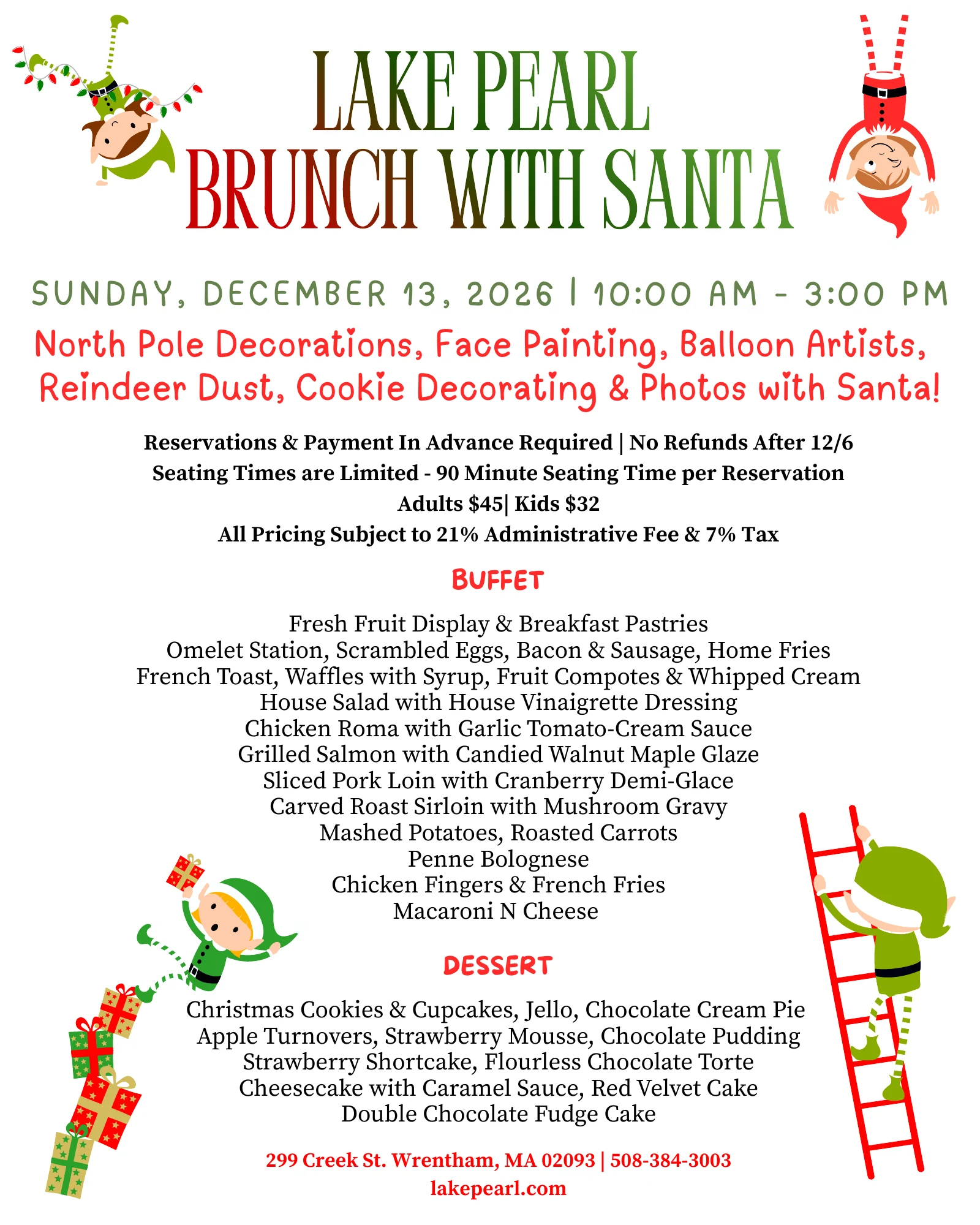 Lake Pearl Wrentham Brunch with Santa 2026 printed menu