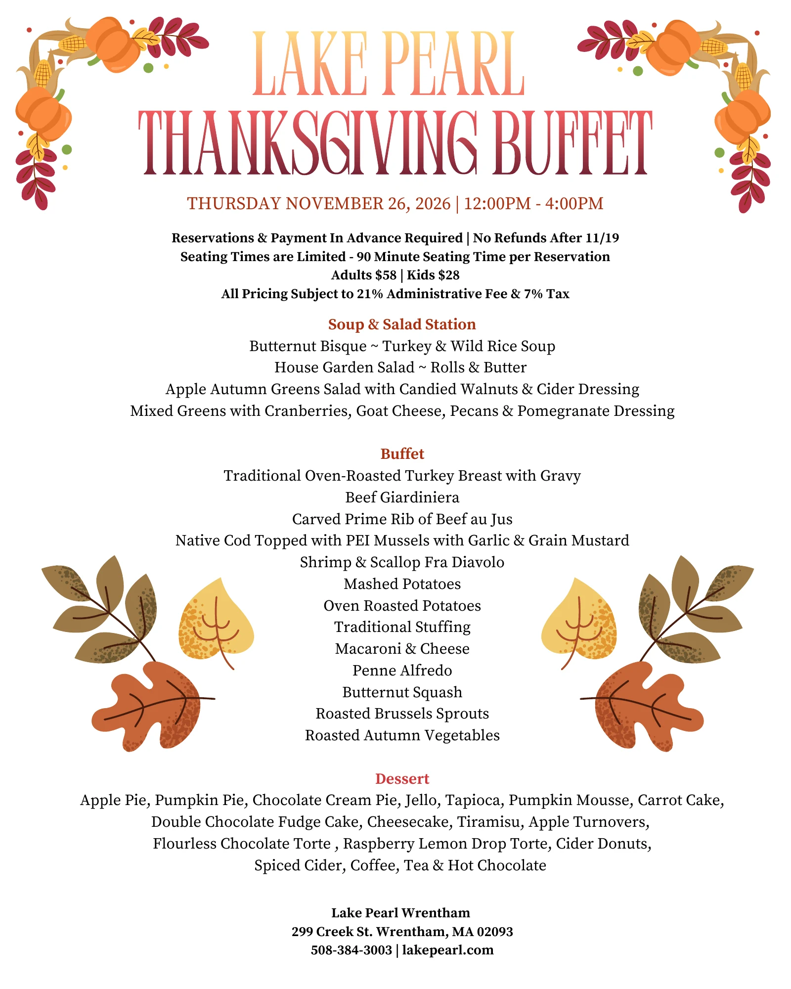 Lake Pearl Wrentham Thanksgiving Buffet 2026 printed menu